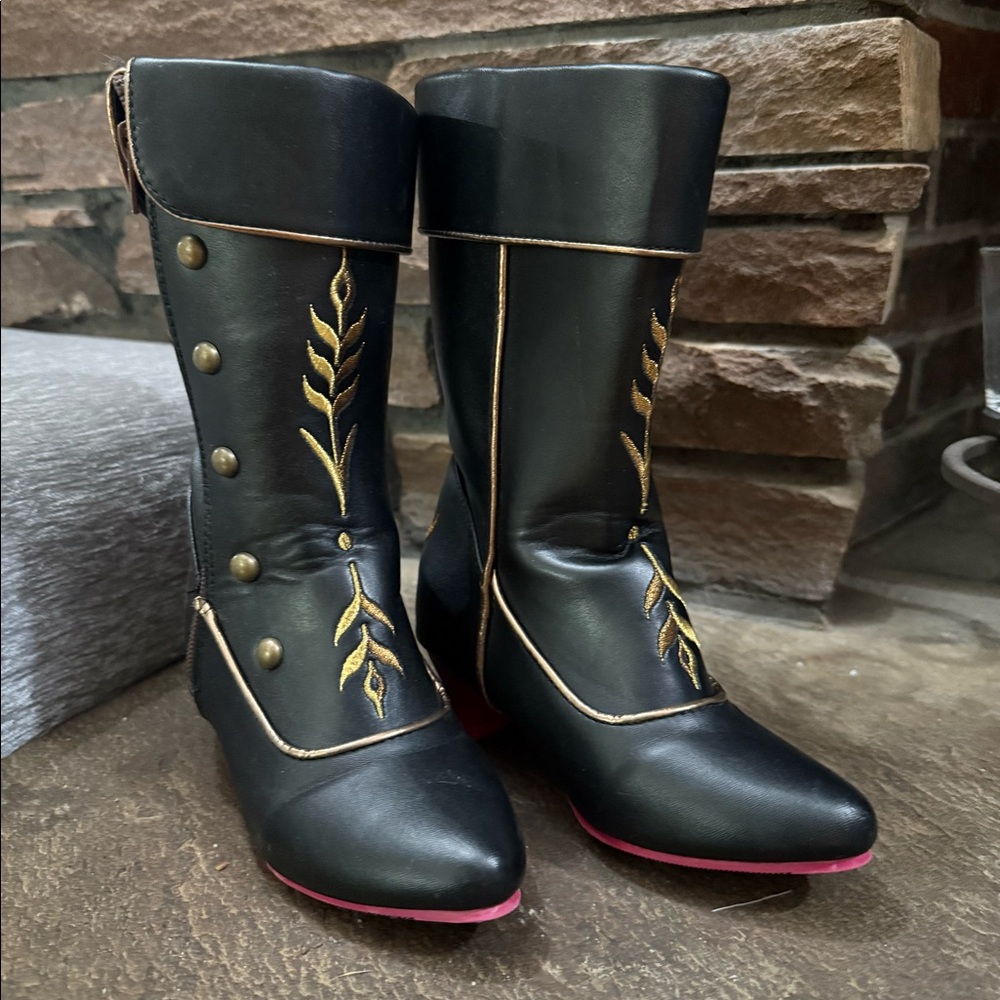 Disney Frozen Ana boots black with Gold Embroidery and Pink Soles costume boots